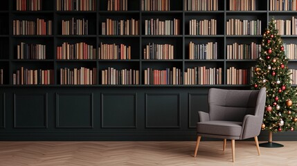 Cozy reading nook with bookshelves and christmas tree decor for a warm atmosphere and comforting ambiance