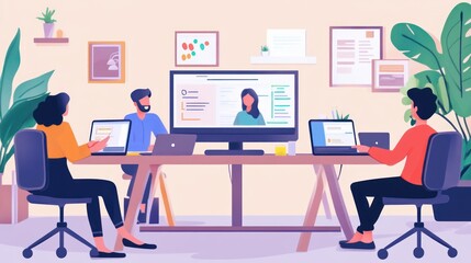 Employees working on a remote project while attending a virtual meeting