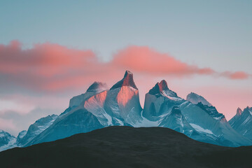 Photograph of the peaks in Torres del Paine National Park, Chile at sunrise. Beautiful mountains with sharp granite cliffs
