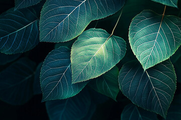 Close-up view of green leaves illuminated in a forest setting