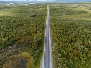 Aerial view of a road through a lush forest landscape.