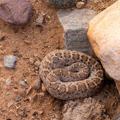 Coiled rattlesnake camouflaged in desert terrain.