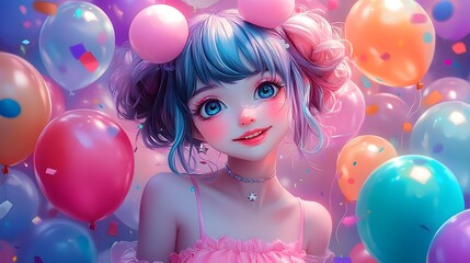 Obraz premium Happy Anime Girl with Balloons and Confetti