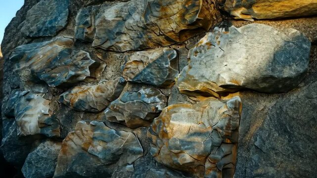 A close-up of a rocky cliff face, revealing the intricate patterns and textures of the weathered stone