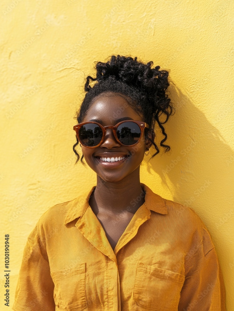 Wall mural Smiling Woman in Yellow Blouse