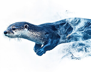 Naklejka premium North american river otter swimming in clean water