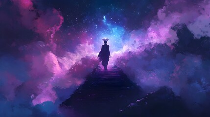 Fototapeta premium Silhouette of Person Walking Towards the Light in a Starry Sky
