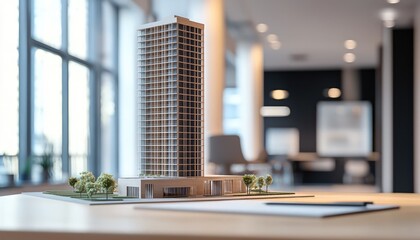Architectural model a skyscraper on display in a modern design office