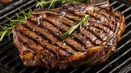 Close-up of a Grilled Steak with Rosemary on a Grill