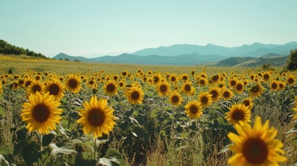 Obraz premium Field of sunflowers under a clear sky with distant mountains