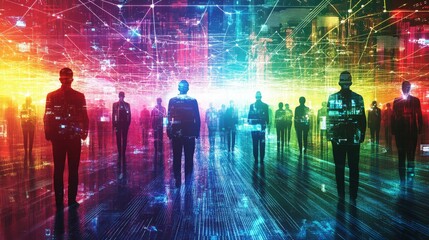 Obraz premium Connected silhouettes representing a digital network, glowing lines illustrating big data in a smart city concept, showcasing modern technology and urban connectivity.