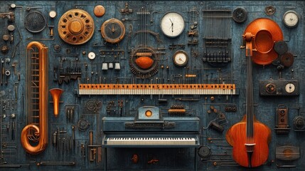 A vintage, steampunk style collage of musical instruments and other objects on a blue background.