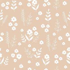Seamless pattern with white flowers on Cream color background. Hand drawn floral pattern for your fabric, summer background, wallpaper, backdrop, textile, Dixie style.