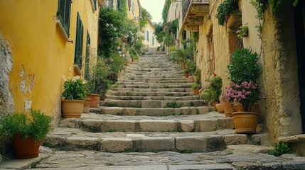 Obraz premium A narrow cobblestone street in a European town with a steep staircase leading upwards. The buildings are painted in warm colors and lined with potted plants.