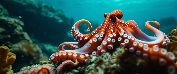 Octopus underwater in the ocean, a beautiful and exotic marine animal