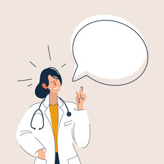 Young smiling woman doctor therapist in white uniform cartoon character standing and points her finger at bubble speech above her. Doctor, medicine, healthcare concept. Vector illustration.