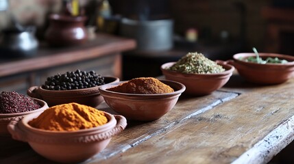 A rustic wooden table with an array of Indian spices in terracotta bowls, ready for cooking