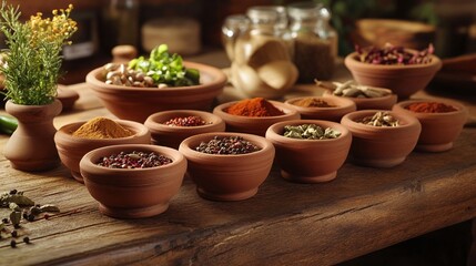 A rustic wooden table with an array of Indian spices in terracotta bowls, ready for cooking