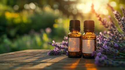 two small amber bottles of essential oil with white labels stand on an old wooden table in front of lavender flowers.