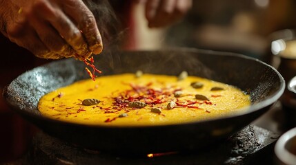 An exotic spice-infused Indian dessert being prepared, with visible saffron strands and cardamom pods