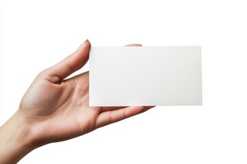 A close-up of a hand holding a blank white horizontal flyer, isolated on a white background. Perfect for mockups, branding, and advertising concepts.
