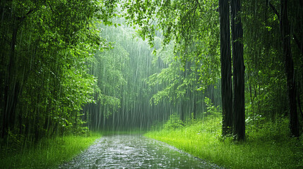 Obraz premium Lush green forest with gentle rain falling, creating peaceful atmosphere