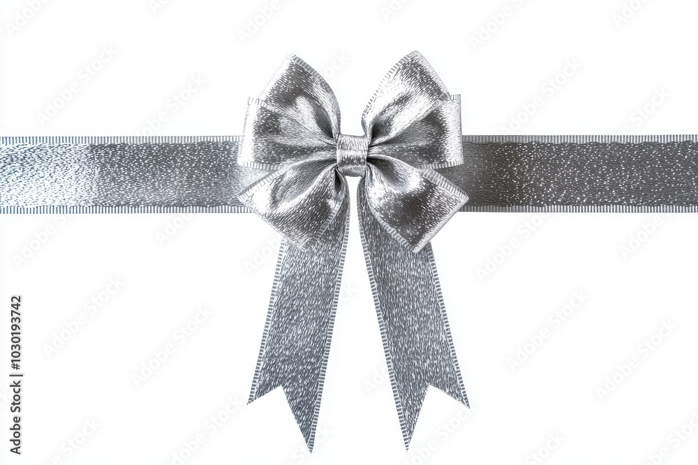 Wall mural The ribbon is made of silver silk, satin, and decorated with a bow on a transparent background. , cut out.