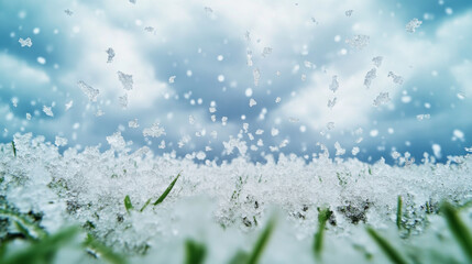 A hailstorm with ice pellets falling onto ground creates dramatic scene of natures power. icy pellets contrast beautifully with green grass below.