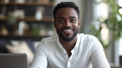Obraz premium Portrait of smiling man sitting at desk with laptop looking in camera