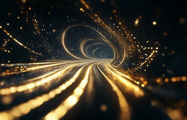 A mesmerizing golden light tunnel creating a sense of depth and movement at twilight