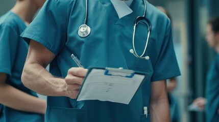 Doctor in Scrubs Writing on a Clipboard with a Stethoscope