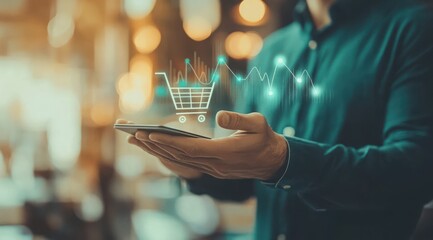 A person using a smartphone to access online shopping while surrounded by a bustling, warm-lit environment