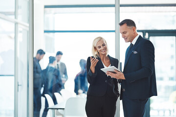 Boss, tablet and business people in office for discussion, idea or planning online agenda together. Man, woman and digital app in meeting for management advice, report schedule or support in teamwork