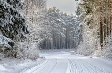 Snow-covered forest road winding through tall trees on a winter morning in a serene landscape