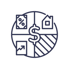 Icons of money, house, graph, and percentage symbolize financial diversification.
