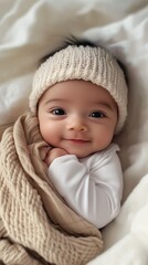 Smiling baby in a soft knit headband, cozily wrapped in a warm beige blanket, exudes warmth and innocence.
