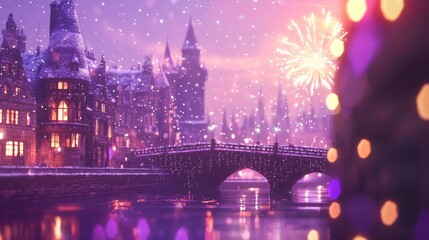 Naklejka premium Fireworks display over a snowy town, colorful explosions fill the night sky, festive holiday decorations below, wide angle, vibrant, and magical