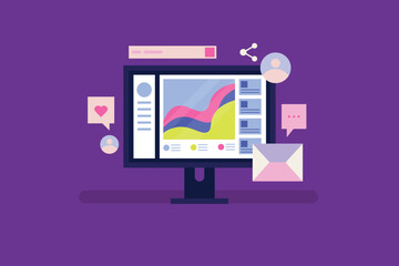 Marketing Data Analysis, Monitoring digital marketing campaign on computer screen, Analytics software dashboard with graph and chart. Vector illustration design.