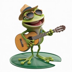 Obraz premium Frog singer holding a 3D guitar, wearing sunglasses and a hat, standing on a lotus leaf.