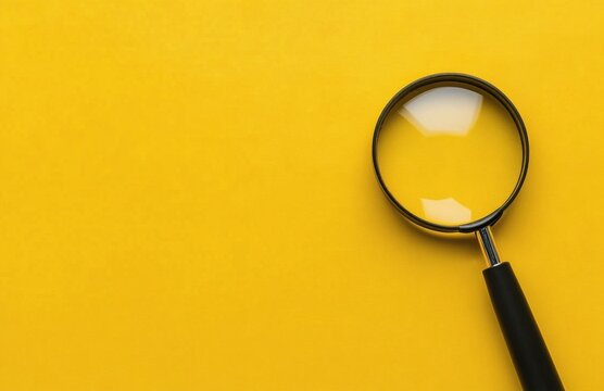 A magnifying glass resting on a bright yellow surface in a well-lit environment