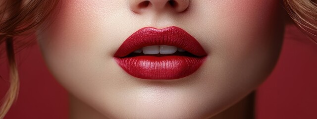This striking close-up showcases glossy red lips, emphasizing makeup artistry and beauty. Perfect for fashion and cosmetic themes, this image captures elegance and style.