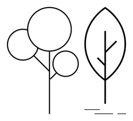 Two trees depicted with minimalistic and geometric line art one with circular foliage and one with a leaf shape. Ideal for nature conservation environmental design modern art education outdoor