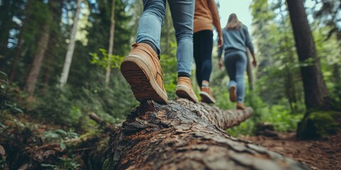 Friends strolling in a woodland while balancing on tree trunks