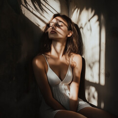 Obraz premium Beautiful girl sitting in the sunlight in white dress.