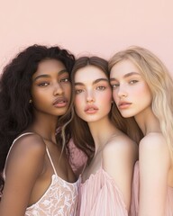 Obraz premium Explore the natural beauty and elegance of diverse models in a serene spa-inspired portrait. Soft tones and gentle expressions highlight freshness and charm.