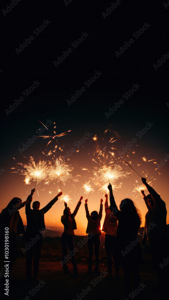 Wall mural People celebrating New Year fireworks outdoors light.