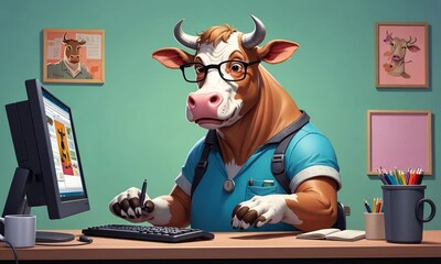 In a lively workspace, a cow dons glasses and a blue shirt, focused on a computer while surrounded by colorful stationery and vibrant artwork, showcasing a unique blend of humor and creativity