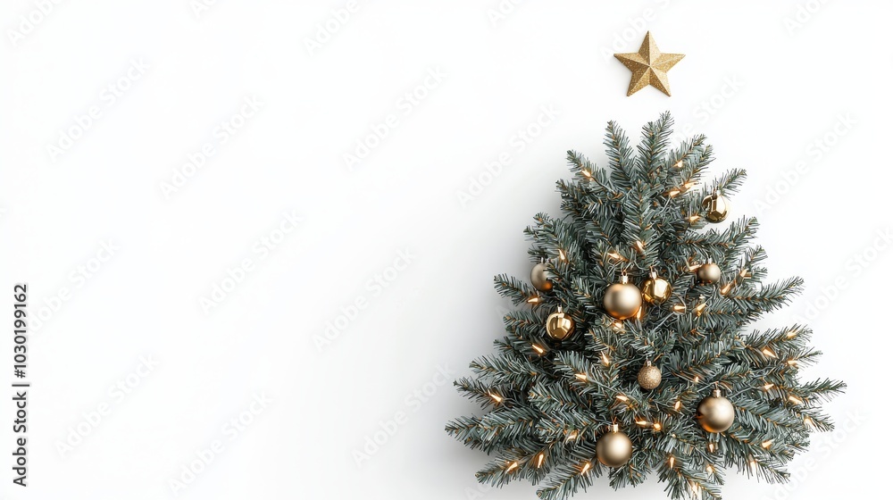 Wall mural On a white background, a golden ornament decorates a Christmas tree