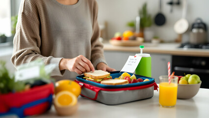 A mother preparing a school lunch in a modern kitchen, packing sandwiches, fresh fruit, and a juice box into a colorful lunchbox, with a handwritten note being added as a personal touch.