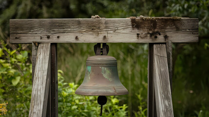 Obraz premium Rustic bell hanging from a wooden frame, surrounded by greenery, evoking a sense of tranquility and nostalgia.